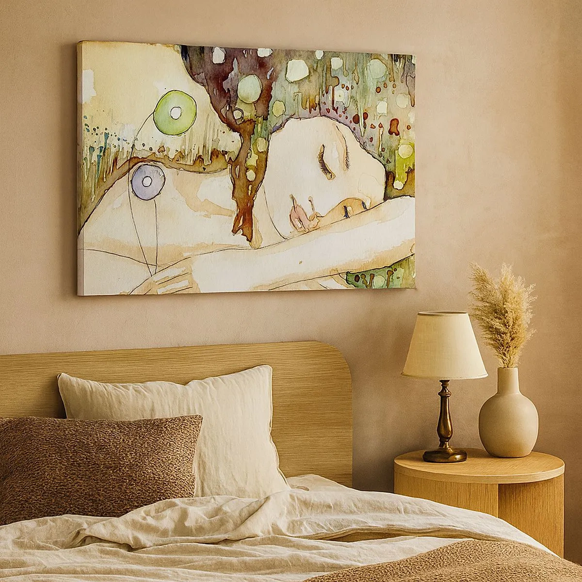 Canvastavla - Bild på duk - En kvinna som drömmer omgiven av abstrakta former och färger. - 70x50cm - Smaragd-viol dröm - Modern väggdekoration för vardagsrum och sovrum ARTTOR