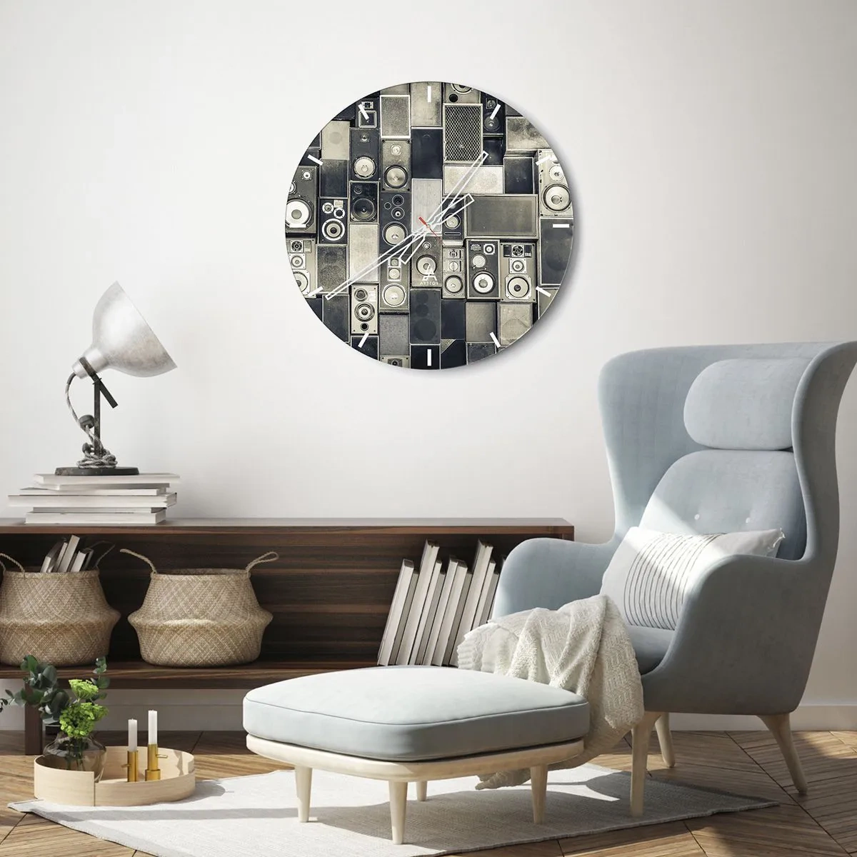 Väggklocka - Klocka på glas - Retro-högtalarset - 30x30cm - Allt väl - Modern väggdekoration för vardagsrum, kök och sovrum ARTTOR