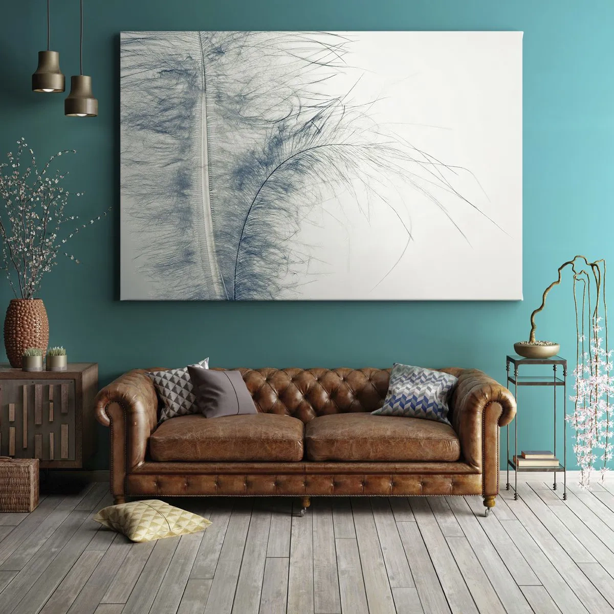 Canvastavla - Bild på duk - En delikat fjäder i pastellfärger mot en ljus bakgrund - 70x50cm - Naturens viskningar - Modern väggdekoration för vardagsrum och sovrum ARTTOR