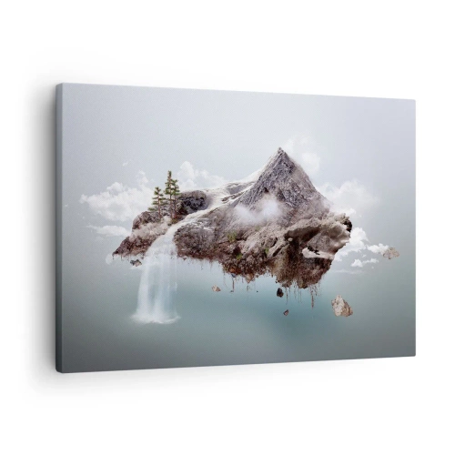 Canvastavla - Bild på duk - Ett surrealistiskt berg som svävar i molnen med ett vattenfall - 70x50cm - Med surrealistens öga - Modern väggdekoration för vardagsrum och sovrum ARTTOR