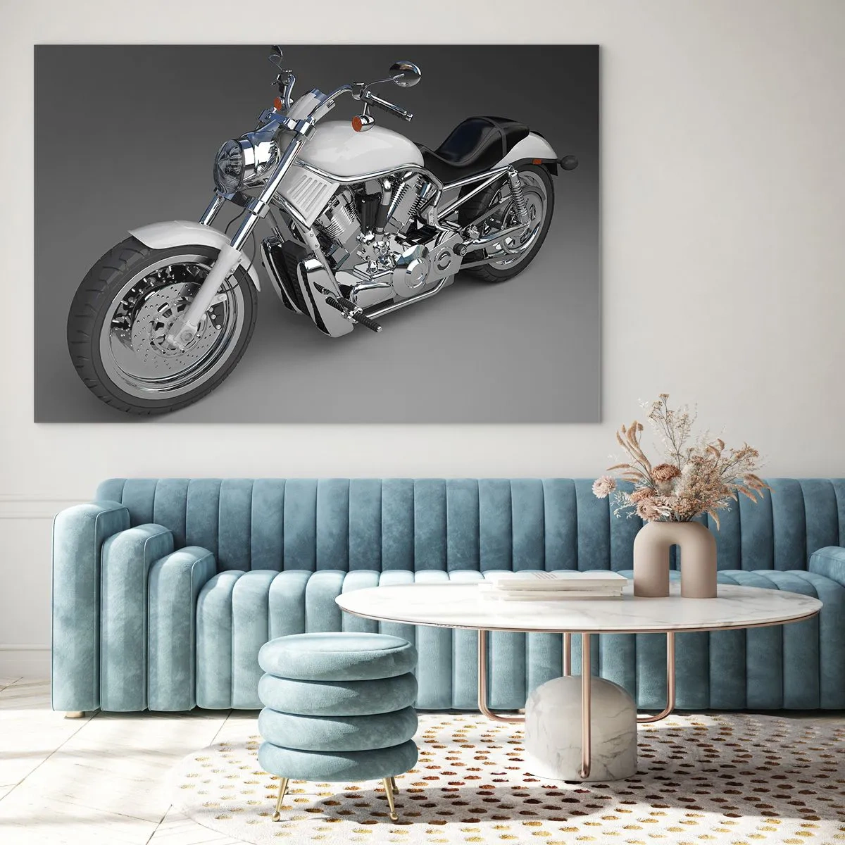 Glastavla - Bild på glas - En snygg motorcykel på en grå bakgrund med en modern twist - 70x50cm - Man vill lägga sig knäna - Modern väggdekoration för vardagsrum och sovrum ARTTOR