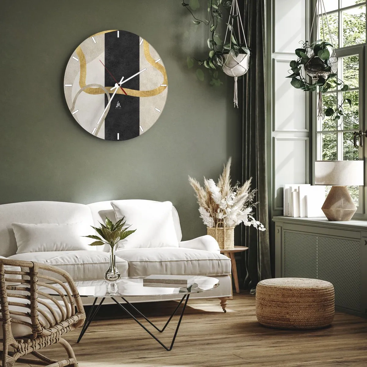 Väggklocka - Klocka på glas - Gyllene linjer mot en svart rand och beige former - 30x30cm - Slingrande former - Modern väggdekoration för vardagsrum, kök och sovrum ARTTOR
