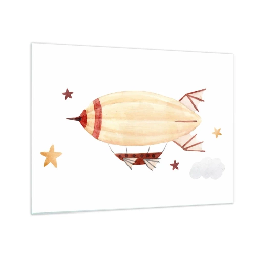 Glastavla - Bild på glas - Ett tecknat luftskepp bland stjärnorna på en vit bakgrund - 70x50cm - Luftskepp - Modern väggdekoration för vardagsrum och sovrum ARTTOR