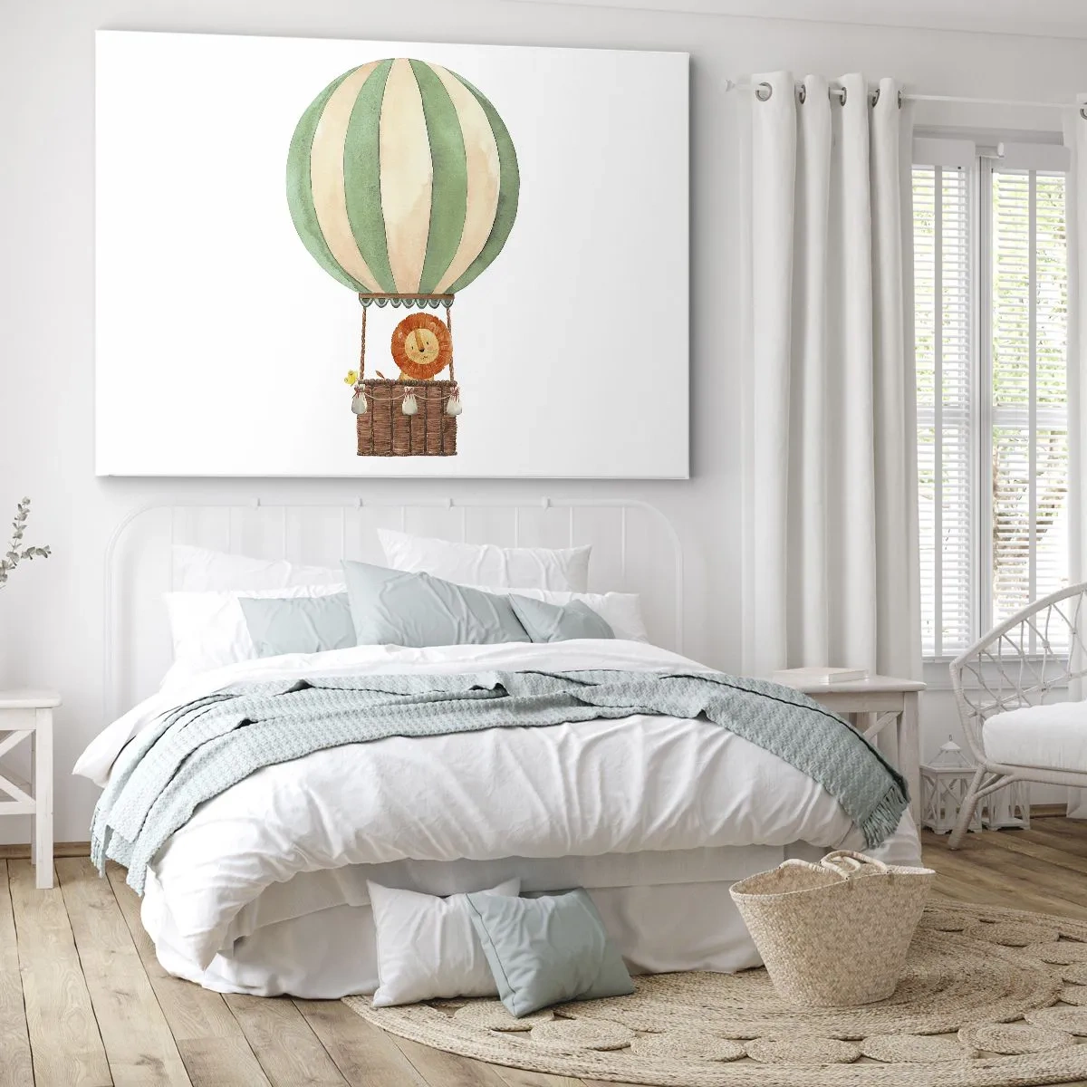 Canvastavla - Bild på duk - En ballong med ett leende lejon i en pastellfärgad korg - 70x50cm - Leons resor - Modern väggdekoration för vardagsrum och sovrum ARTTOR