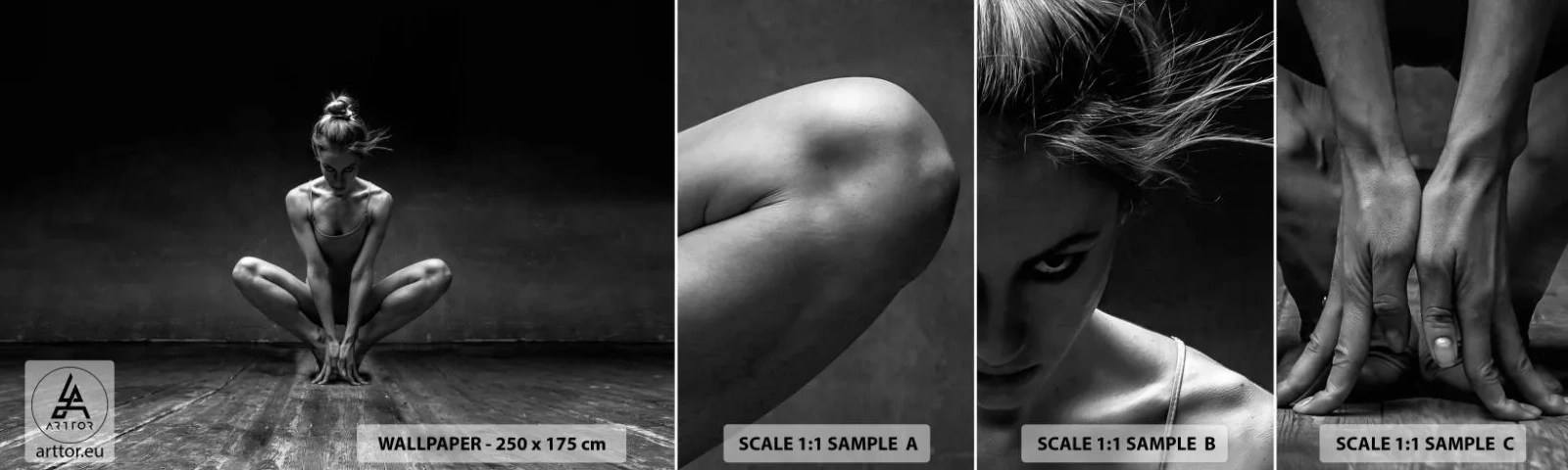 Fototapet Prov Standard Eco - Koncentrerad dansenergi - Dansare, Kvinna, Svartvitt - 100x30 cm