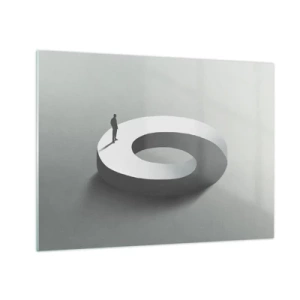 Glastavla - Bild på glas - En minimalistisk silhuett av en man på en vit ring - 70x50cm - Och försök att vara klok - Modern väggdekoration för vardagsrum och sovrum ARTTOR