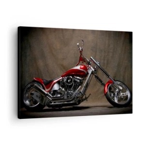 Canvastavla - Bild på duk - Röd specialbyggd motorcykel mot en brun tygbakgrund - 70x50cm - Röd-silver skönhet - Modern väggdekoration för vardagsrum och sovrum ARTTOR