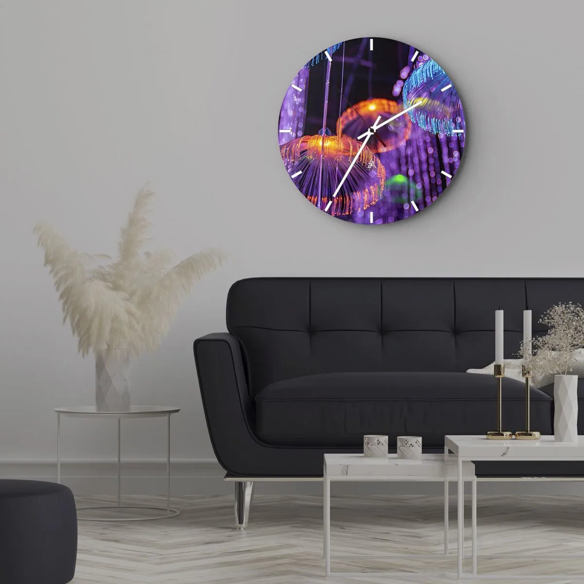 Väggklocka - Klocka på glas - Färgglada ljus som liknar maneter i ett neonljus - 30x30cm - Lysande fontän - Modern väggdekoration för vardagsrum, kök och sovrum ARTTOR