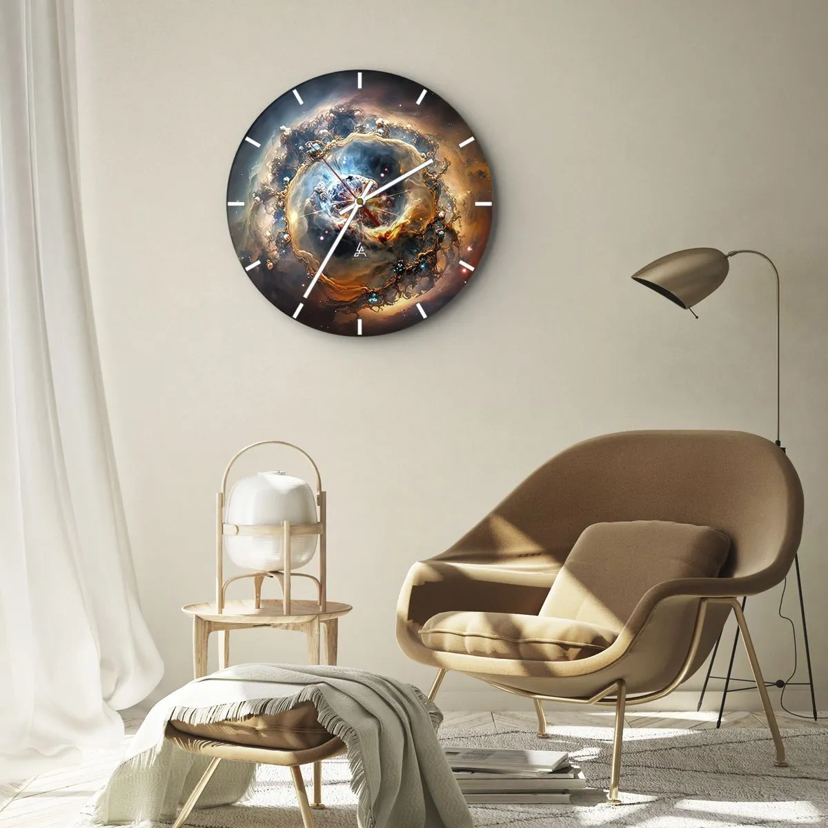 Väggklocka - Klocka på glas - En kosmisk virvel i intensiva färger - 30x30cm - Början - Modern väggdekoration för vardagsrum, kök och sovrum ARTTOR
