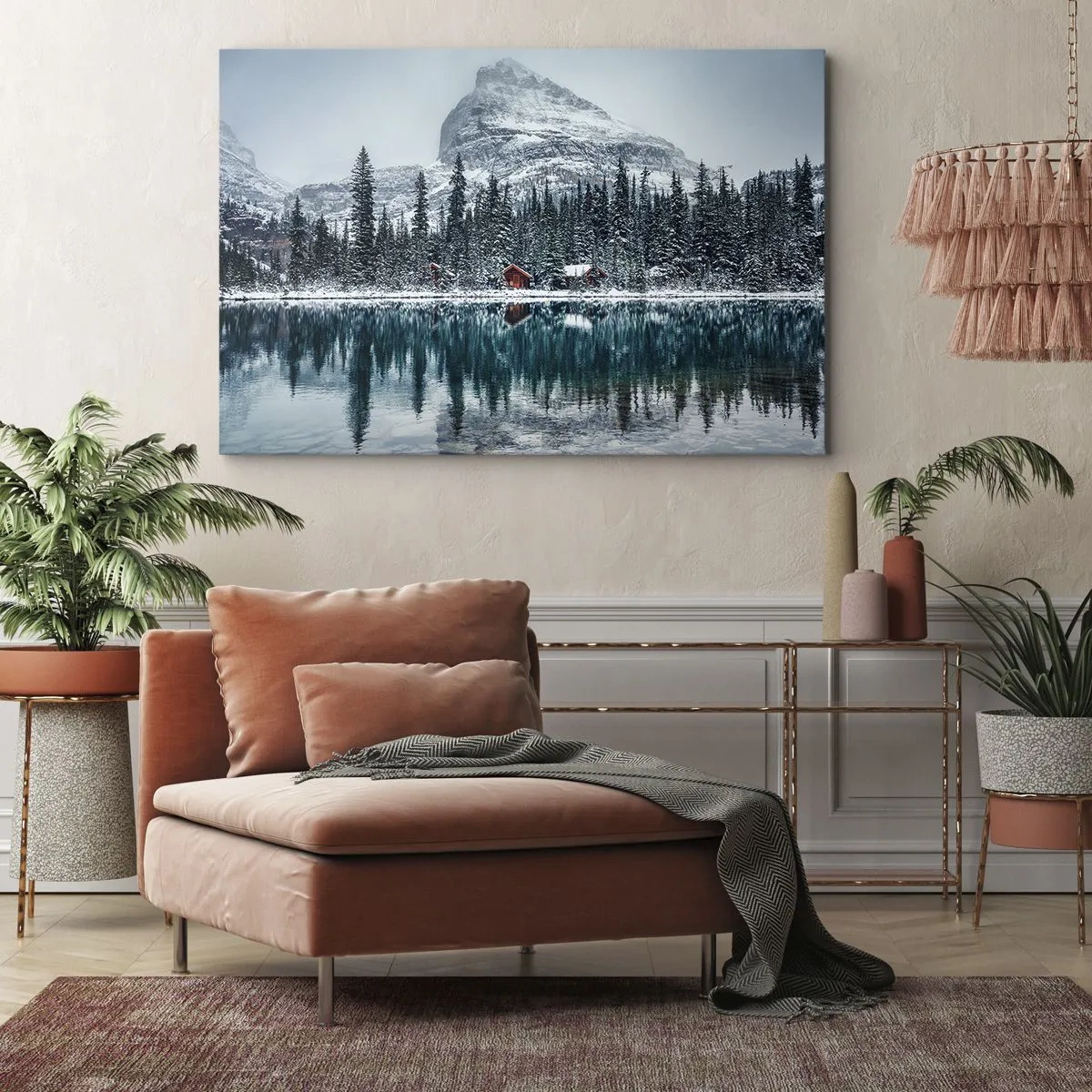 Canvastavla - Bild på duk - Vinterlandskap med stugor i skogen vid en frusen sjö - 70x50cm - Kanadensisk tillflyktsort - Modern väggdekoration för vardagsrum och sovrum ARTTOR