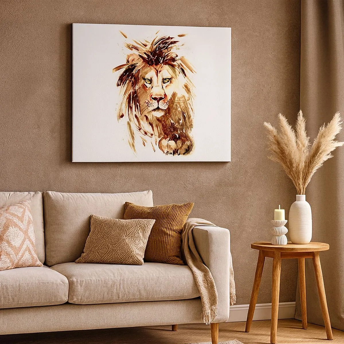 Canvastavla - Bild på duk - Akvarellporträtt av ett lejon med intensiva detaljer - 70x50cm - Styrka och värdighet - Modern väggdekoration för vardagsrum och sovrum ARTTOR