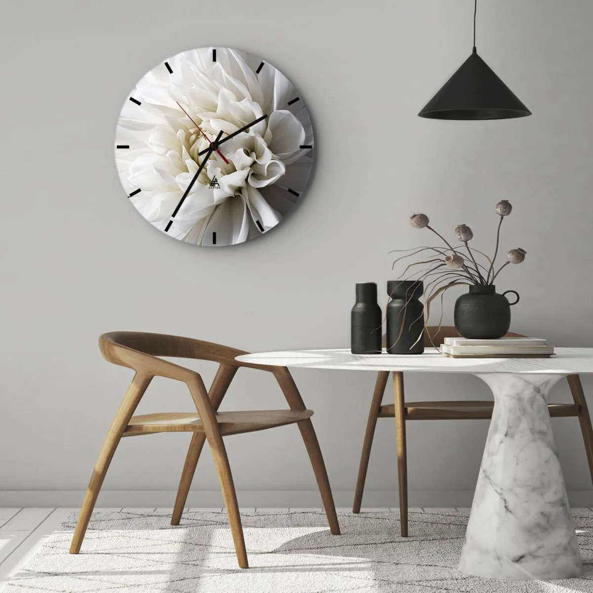 Väggklocka - Klocka på glas - En delikat vit blomma med en närbild av kronbladen - 30x30cm - En bruds morgon - Modern väggdekoration för vardagsrum, kök och sovrum ARTTOR