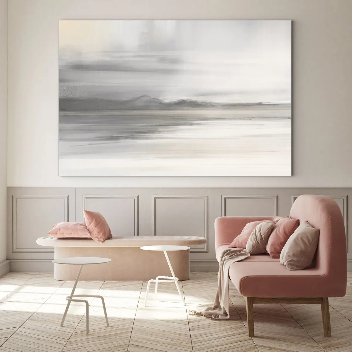 Glastavla - Bild på glas - Ett delikat, suddigt bergspanorama i pastellgrå toner - 70x50cm - En eftertänksam bakgrund - Modern väggdekoration för vardagsrum och sovrum ARTTOR