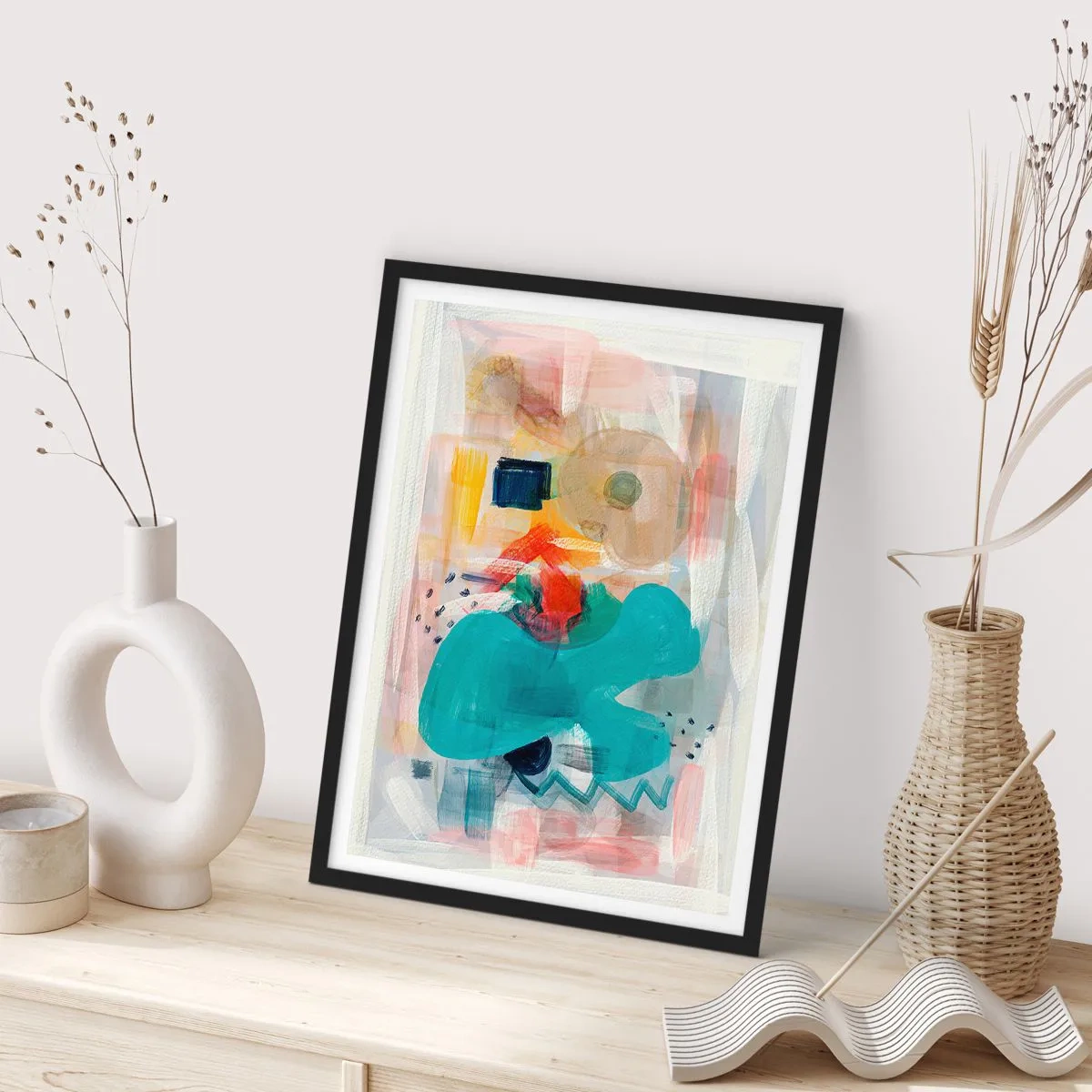 Affisch i svart ram - Färgglad abstraktion med dynamiska former - 50x70cm - Ett färgglatt spel - Modern väggdekoration för vardagsrum och sovrum ARTTOR