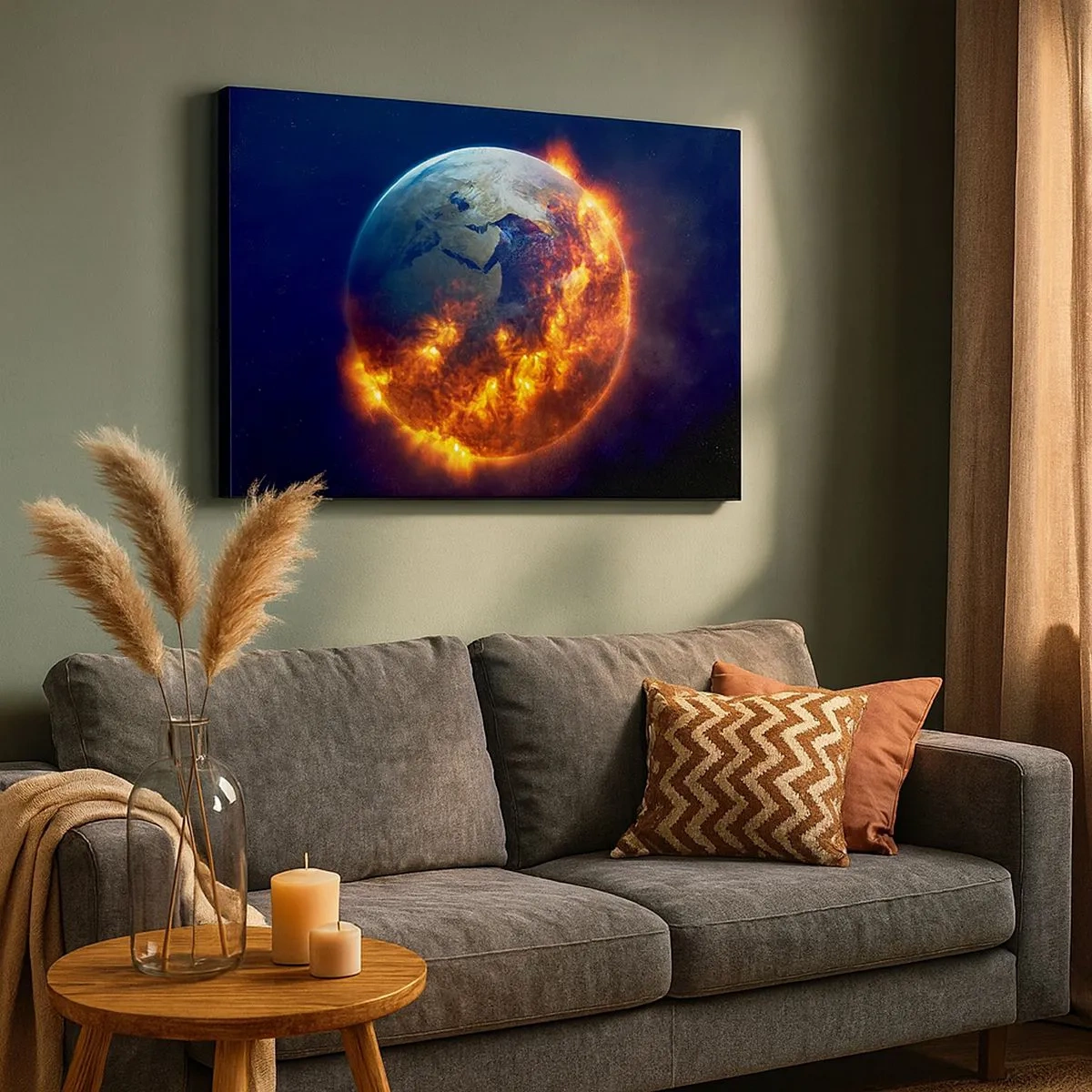 Canvastavla - Bild på duk - Planeten Jorden i brand i yttre rymden - 70x50cm - Apokalypsens låga - Modern väggdekoration för vardagsrum och sovrum ARTTOR