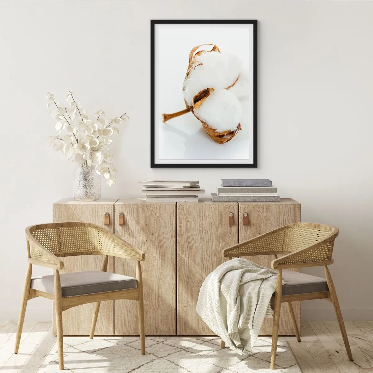 Affisch i svart ram - En närbild av en bomullskvist med fina vita fibrer. - 50x70cm - Mjuk av naturen - Modern väggdekoration för vardagsrum och sovrum ARTTOR