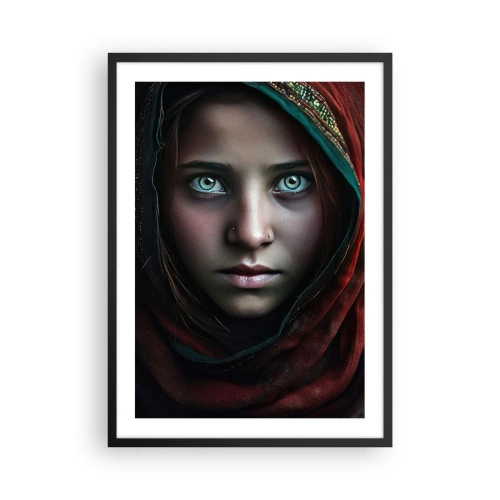 Affisch i svart ram - Porträtt av en flicka i en röd sjal med hypnotiserande ögon - 50x70cm - Östlig prinsessa - Modern väggdekoration för vardagsrum och sovrum ARTTOR