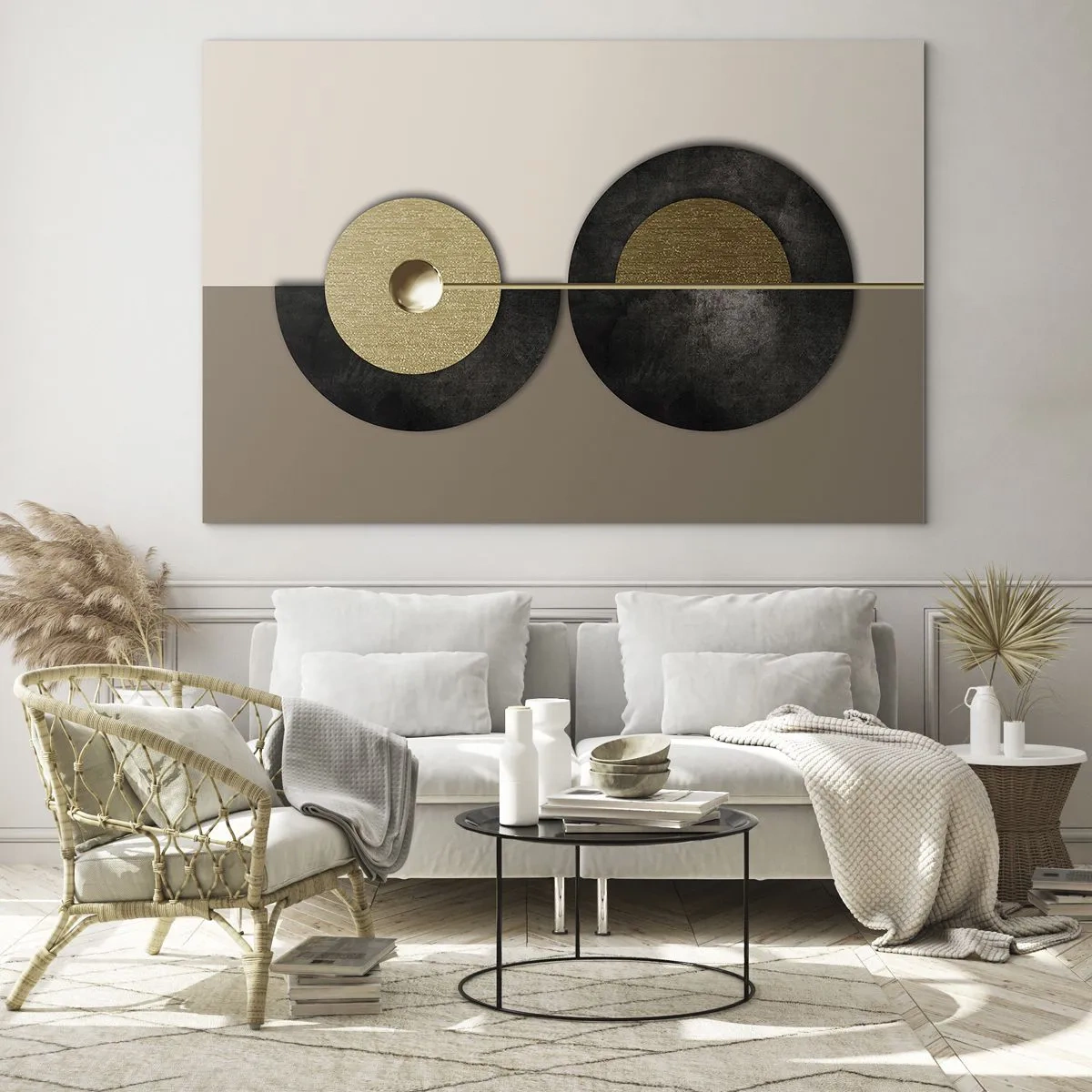 Glastavla - Bild på glas - Geometriska cirklar i guld och svart på en beige bakgrund - 70x50cm - Variationer runt en cirkel - Modern väggdekoration för vardagsrum och sovrum ARTTOR