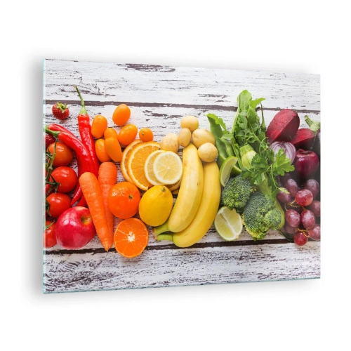 Glastavla - Bild på glas - Färgglada frukter och grönsaker arrangerade på ett träbord - 70x50cm - Räcker det inte? - Modern väggdekoration för vardagsrum och sovrum ARTTOR
