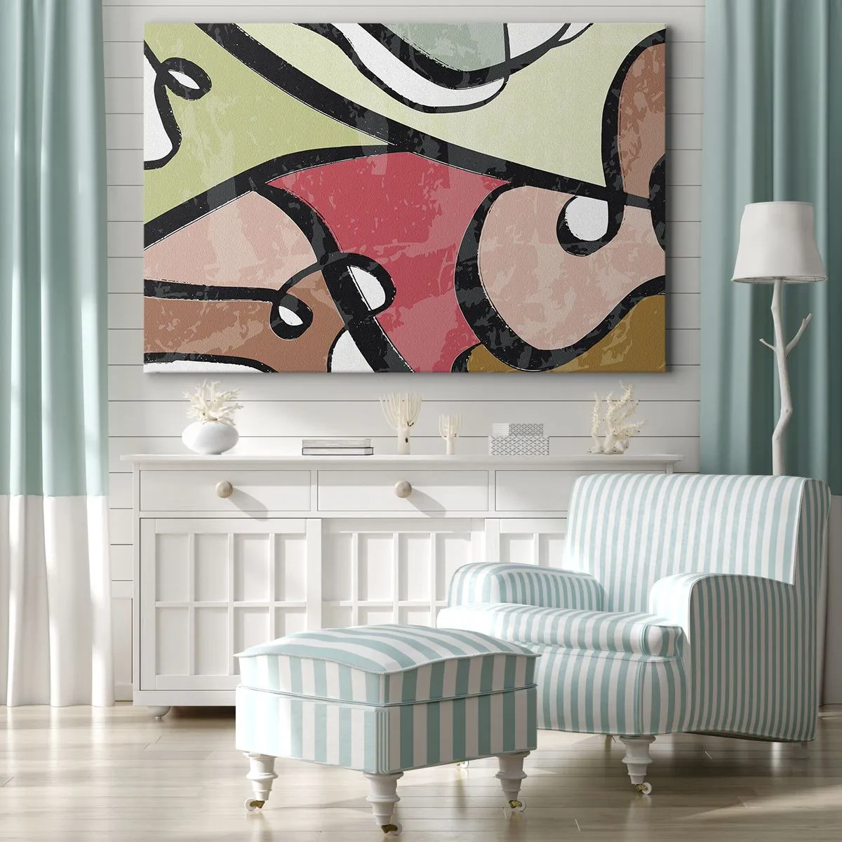 Canvastavla - Bild på duk - Färgglada abstrakta former med svarta linjer - 70x50cm - Pirouetter bland färger - Modern väggdekoration för vardagsrum och sovrum ARTTOR