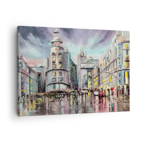 Canvastavla - Bild på duk - Kvällsvy över staden med reflektioner på den våta gatan - 70x50cm - Det blir en lyckad kväll - Modern väggdekoration för vardagsrum och sovrum ARTTOR