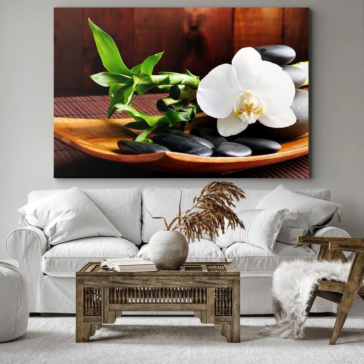 Canvastavla - Bild på duk - Vit orkidé med bambu mot en stenbakgrund i zenstil - 70x50cm - Bli berörd av naturen - Modern väggdekoration för vardagsrum och sovrum ARTTOR