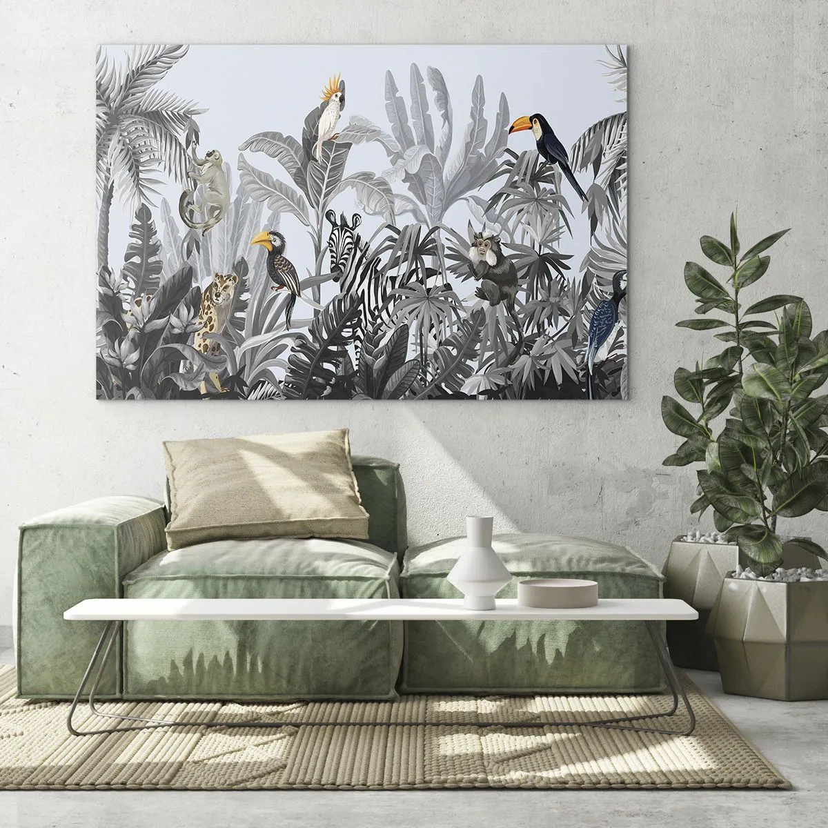 Glastavla - Bild på glas - Exotiska djur i en svartvit djungel mot en ljus bakgrund - 70x50cm - Afrikansk saga - Modern väggdekoration för vardagsrum och sovrum ARTTOR