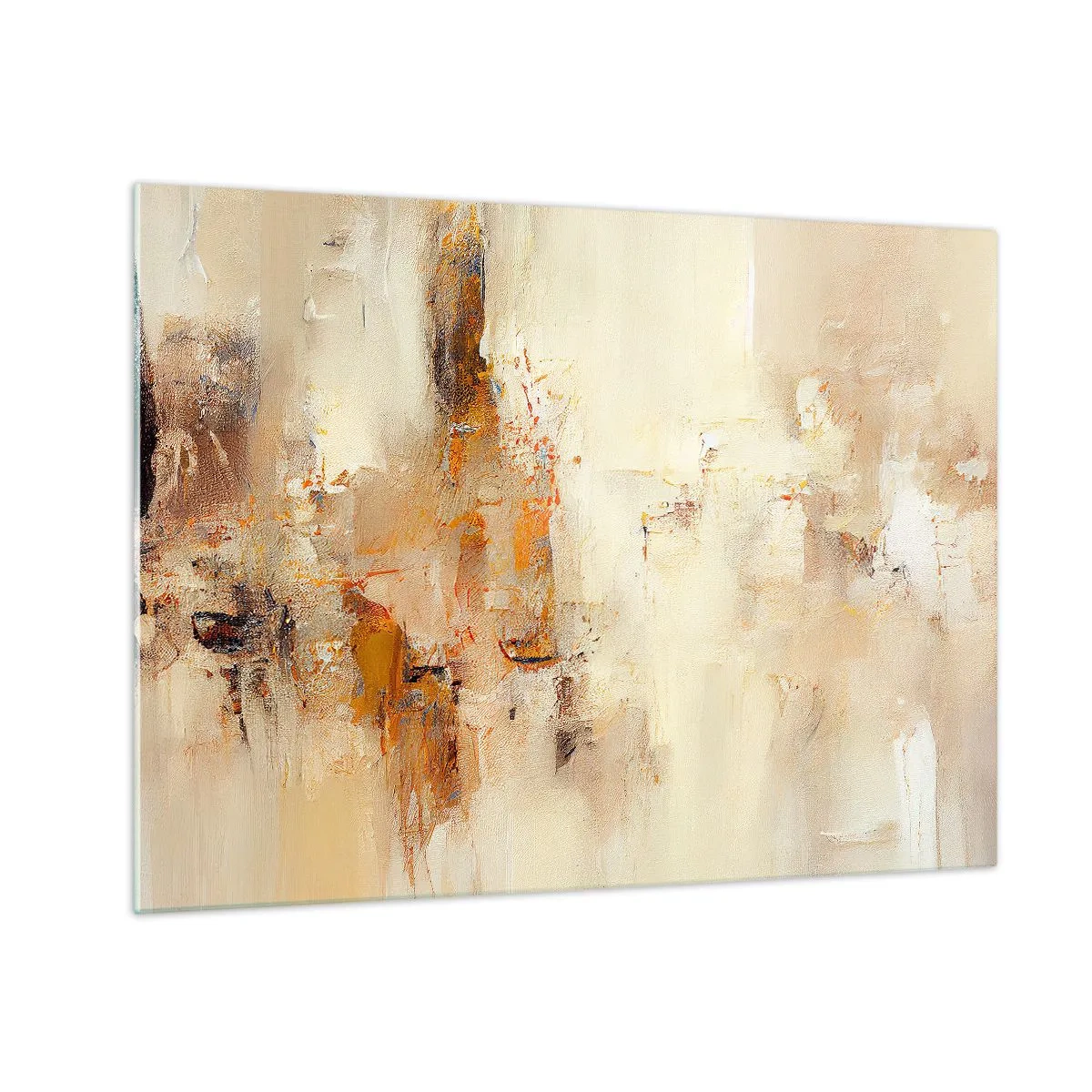 Glastavla - Bild på glas - Abstraktion i nyanser av bärnsten, beige och brunt - 70x50cm - Bärnstenens själ - Modern väggdekoration för vardagsrum och sovrum ARTTOR
