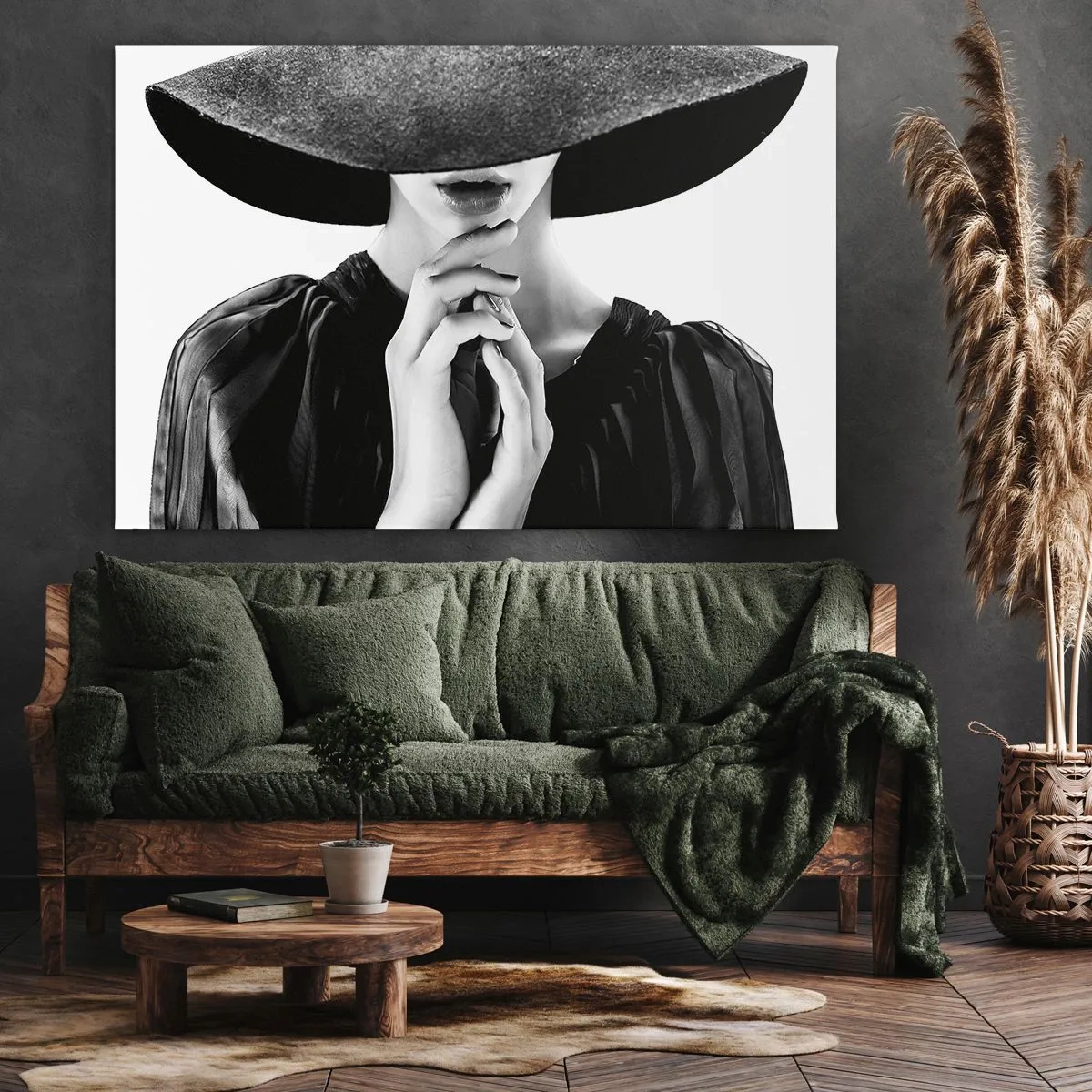 Canvastavla - Bild på duk - Snygg kvinna i en stor hatt i nyanser av svart och vitt - 70x50cm - Dold skönhet - Modern väggdekoration för vardagsrum och sovrum ARTTOR