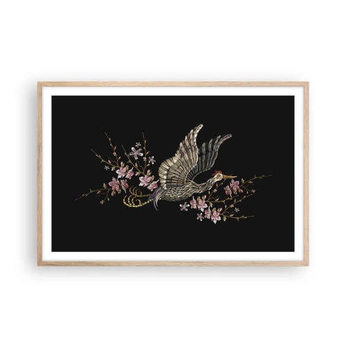 Affisch i ram av ljusek - Exotisk, broderad fågel - 91x61 cm
