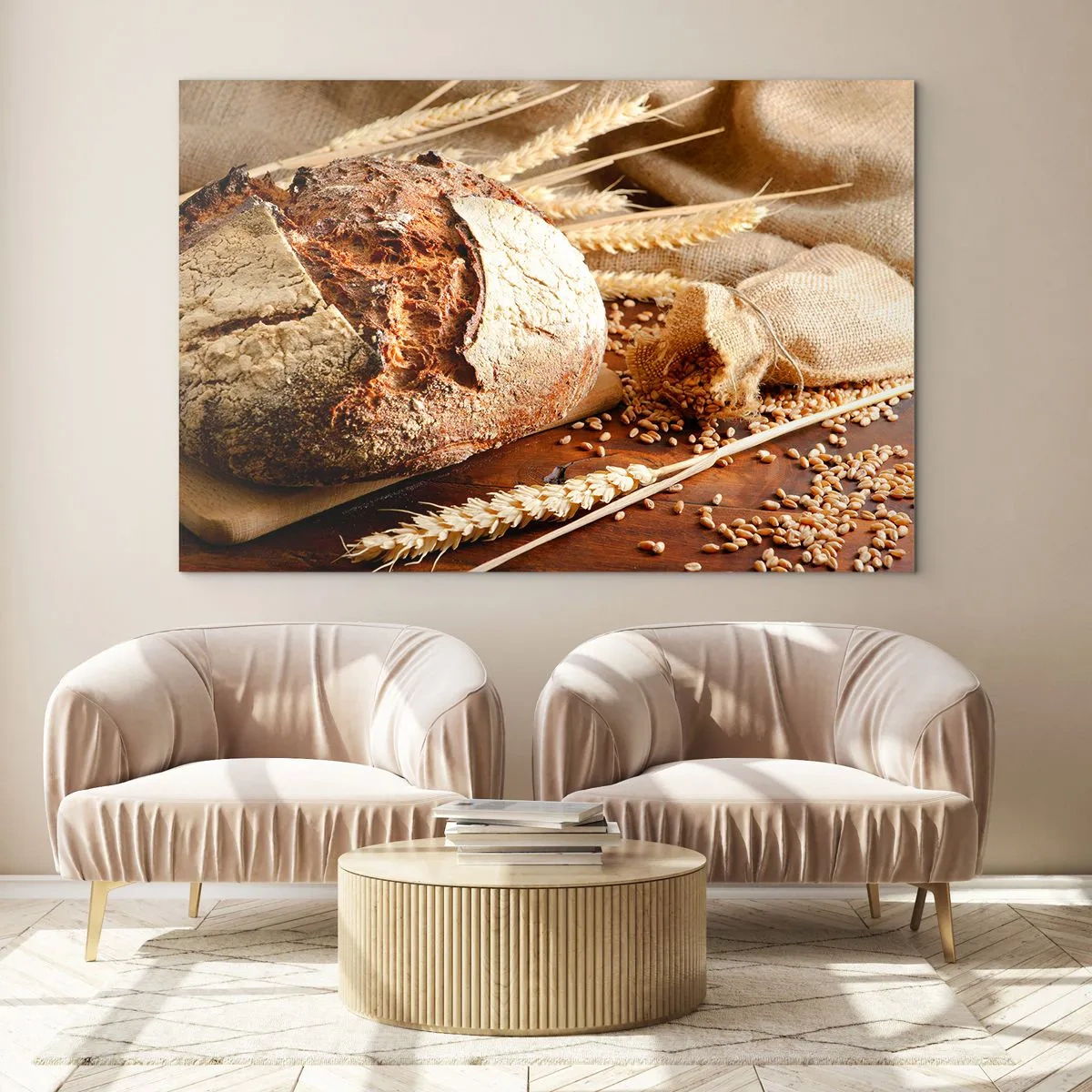 Glastavla - Bild på glas - Bröd på en bräda med veteöron och spannmålspåsar - 70x50cm - Aptitlig, doftande, knaprig - Modern väggdekoration för vardagsrum och sovrum ARTTOR