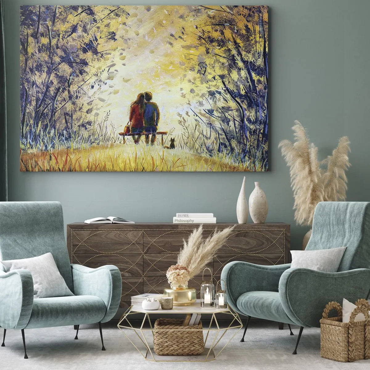 Canvastavla - Bild på duk - Ett par som sitter på en bänk bland höstträd i solljuset - 70x50cm - Magisk stund - Modern väggdekoration för vardagsrum och sovrum ARTTOR