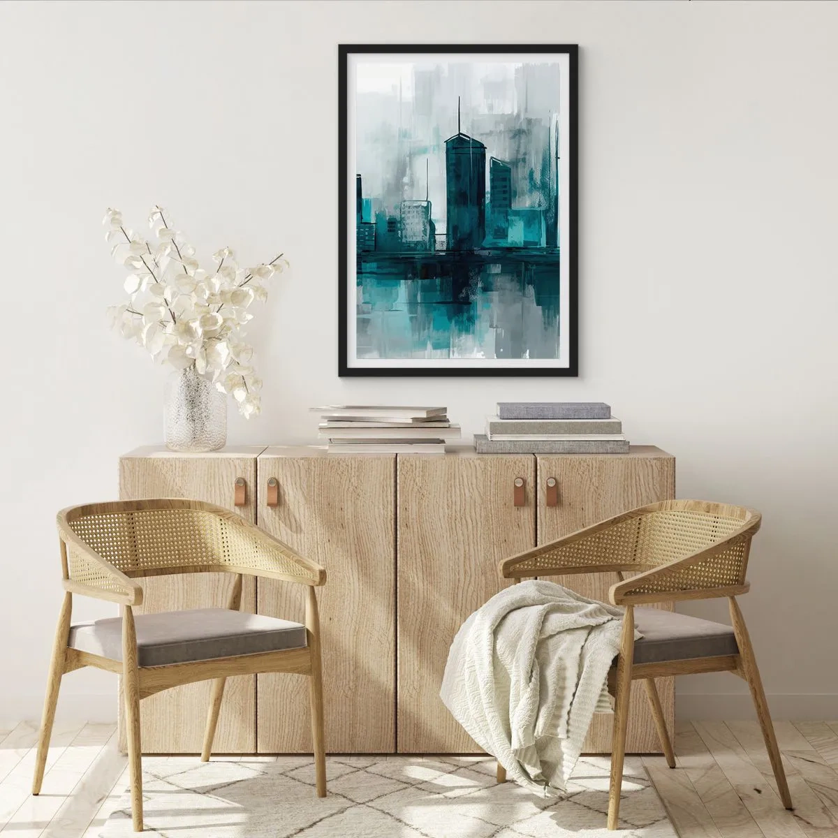 Affisch i svart ram - Ett modernt stadspanorama i nyanser av blått - 50x70cm - Regnfärgad stad - Modern väggdekoration för vardagsrum och sovrum ARTTOR