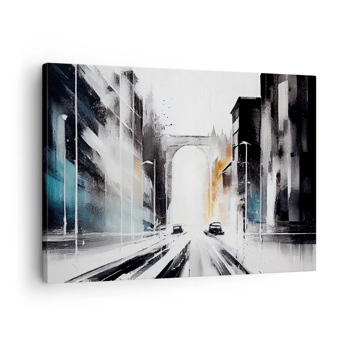 Canvastavla - Bild på duk - Abstrakt stadspanorama med en välvd bro - 70x50cm - Stadsstudie: arkitektur och rörelse - Modern väggdekoration för vardagsrum och sovrum ARTTOR