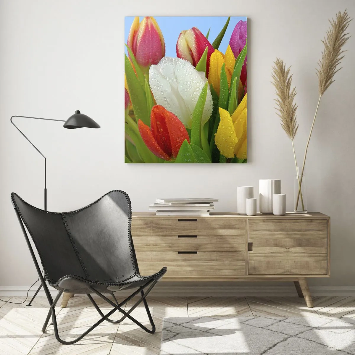 Glastavla - Bild på glas - blommig regnbåge i daggdroppar - 50x70 cm