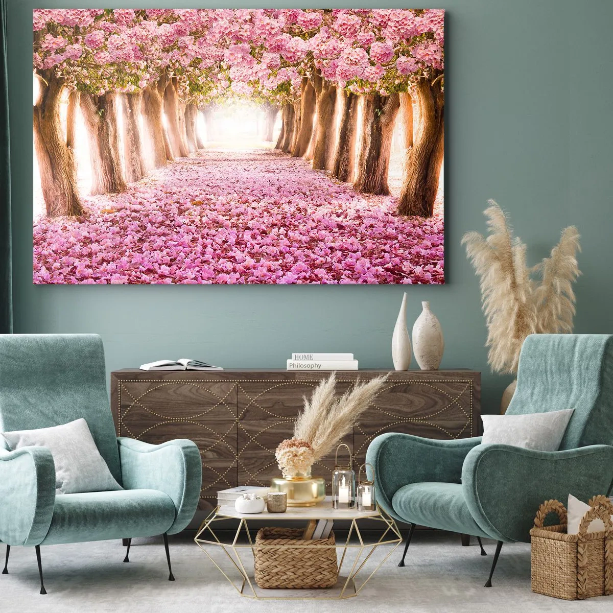 Canvastavla - Bild på duk - En allé med blommande träd i nyanser av rosa - 70x50cm - Vägen till paradiset - Modern väggdekoration för vardagsrum och sovrum ARTTOR