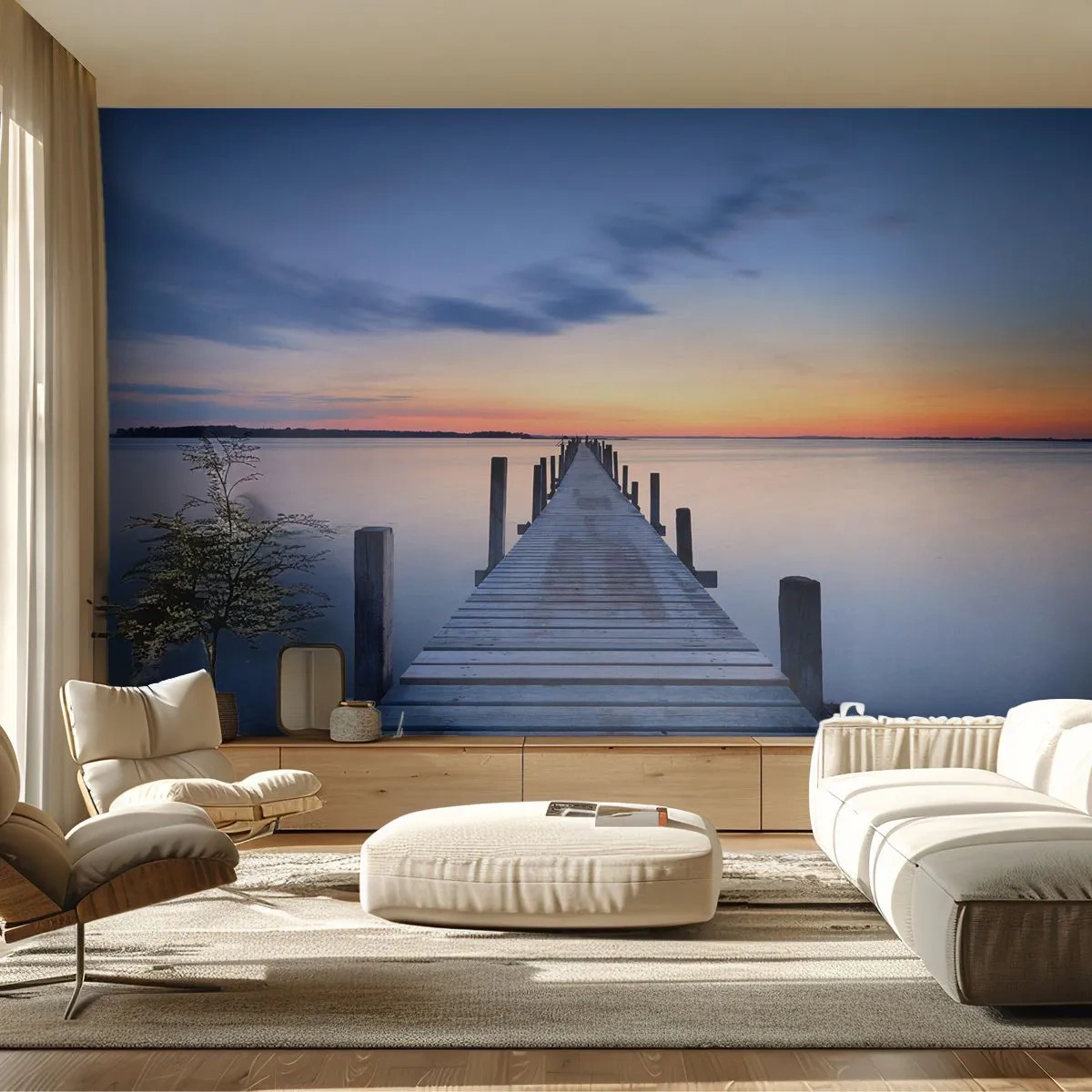 Fototapet Premium Sand - Klara solnedgångens ro - Landskap, bukt, Träbro - 350x256 cm