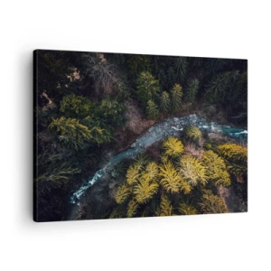 Canvastavla - Bild på duk - En vy ovanifrån av en skog med en slingrande flod - 70x50cm - Snabbt, allt snabbare - Modern väggdekoration för vardagsrum och sovrum ARTTOR