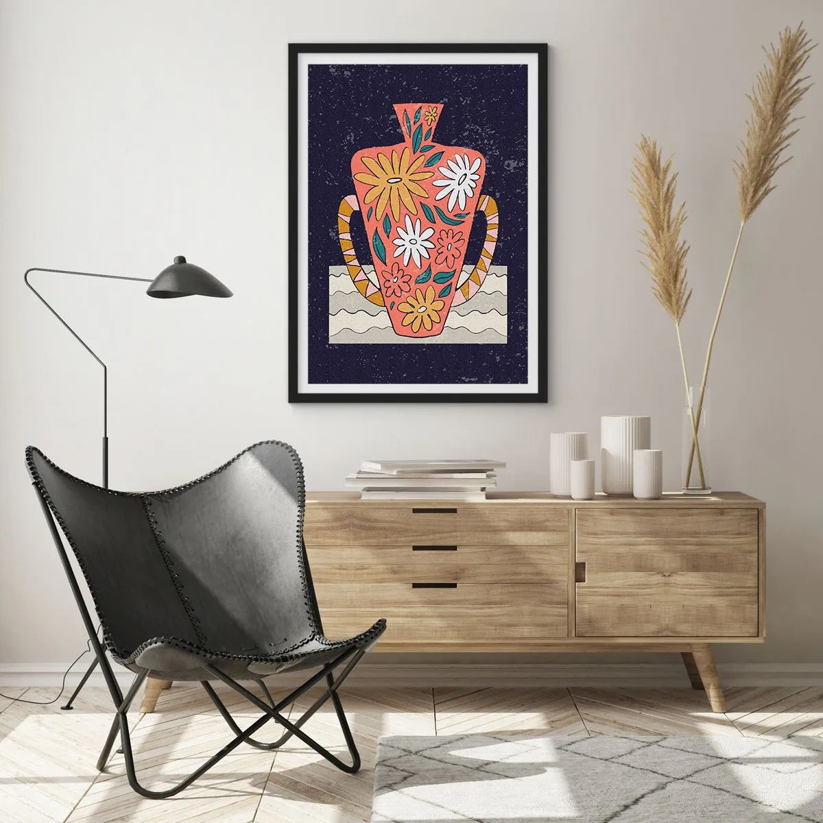 Affisch i svart ram - En färgglad vas med blommönster mot mörk bakgrund - 50x70cm - Målad kanna - Modern väggdekoration för vardagsrum och sovrum ARTTOR
