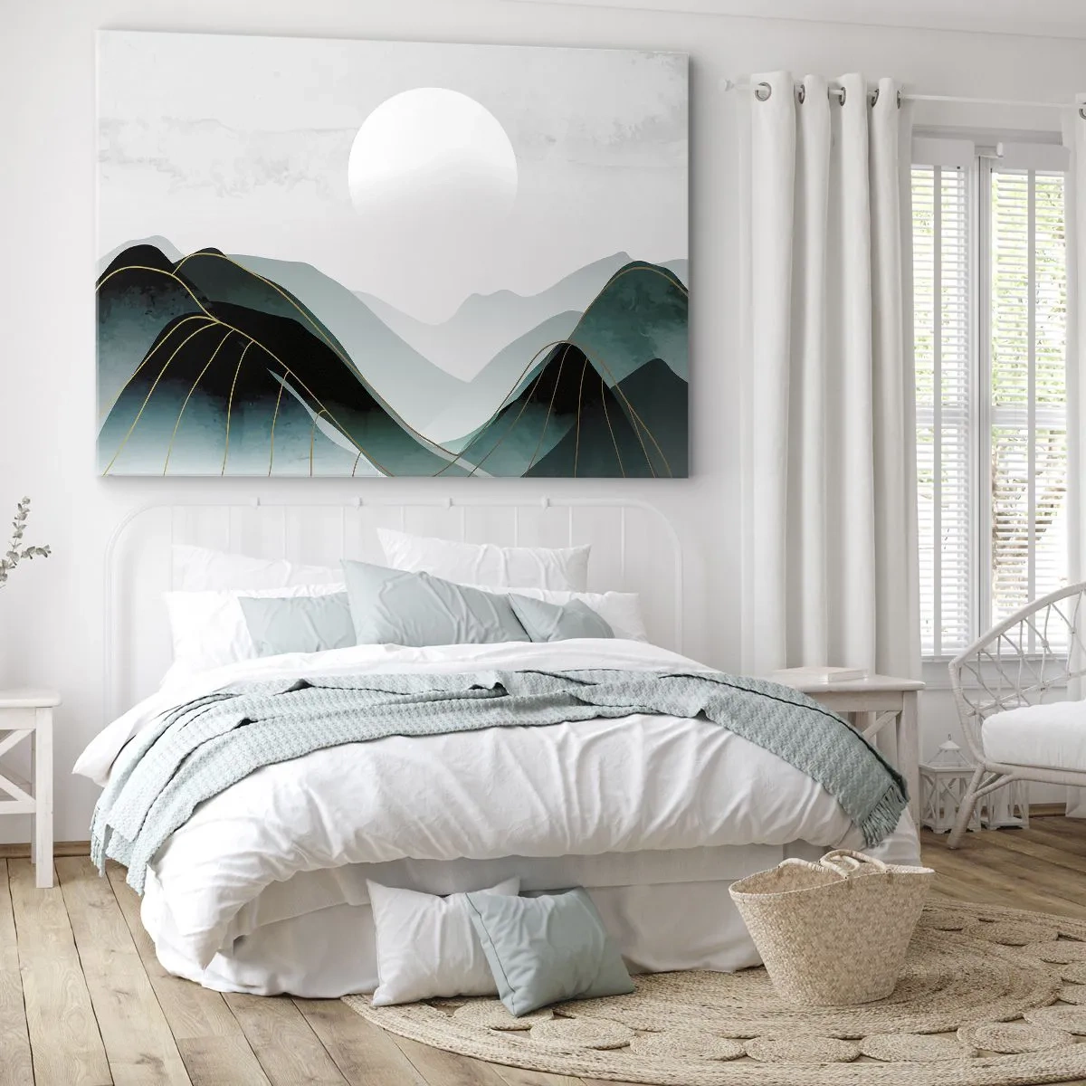Canvastavla - Bild på duk - Abstrakt bergslandskap med månen och gyllene linjer - 70x50cm - I fullt majestät - Modern väggdekoration för vardagsrum och sovrum ARTTOR