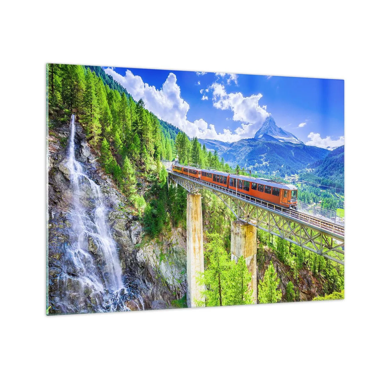 Glastavla - Bild på glas - Alpintåg på en bro med utsikt över ett vattenfall - 70x50cm - Järnväg till Alperna - Modern väggdekoration för vardagsrum och sovrum ARTTOR