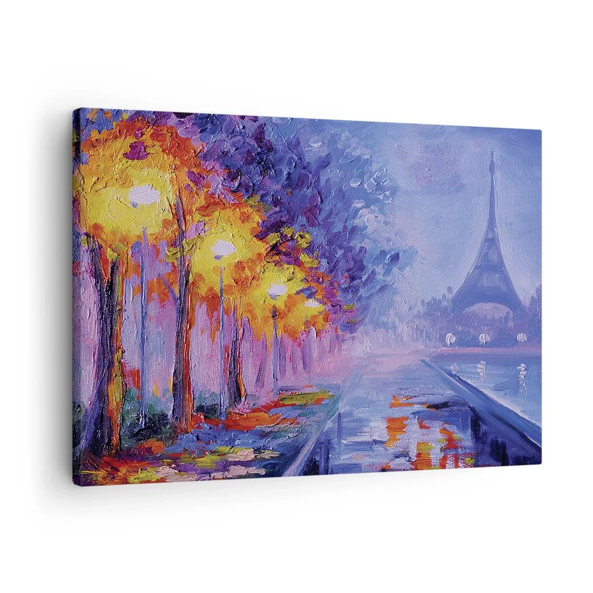 Canvastavla - Bild på duk - En allé med lyktor i Paris med Eiffeltornet i bakgrunden - 70x50cm - Drömpromenad - Modern väggdekoration för vardagsrum och sovrum ARTTOR
