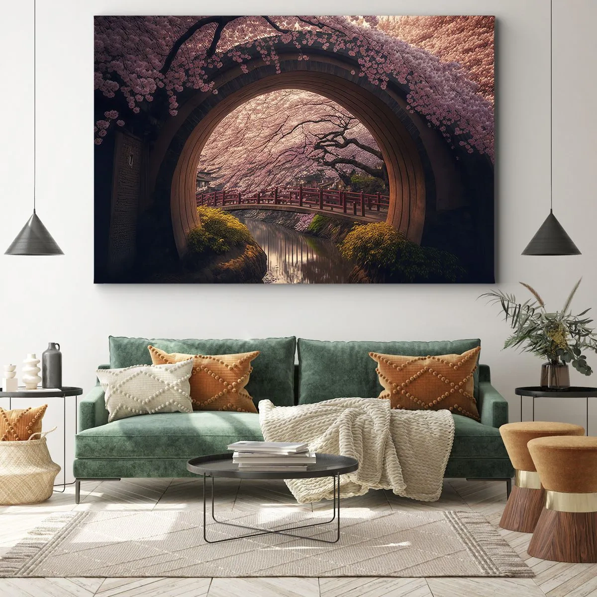 Canvastavla - Bild på duk - En traditionell japansk bro omgiven av körsbärsblommor - 70x50cm - Japansk vår - Modern väggdekoration för vardagsrum och sovrum ARTTOR