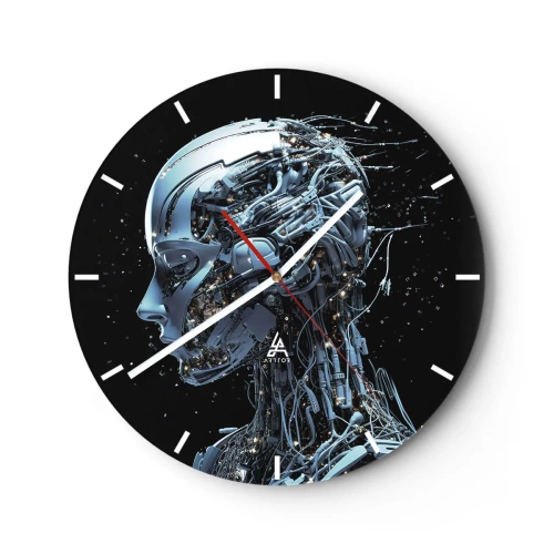 Väggklocka - Klocka på glas - Profil av en humanoid robot gjord av futuristiska kablar - 30x30cm - Teknik är en kvinna - Modern väggdekoration för vardagsrum, kök och sovrum ARTTOR