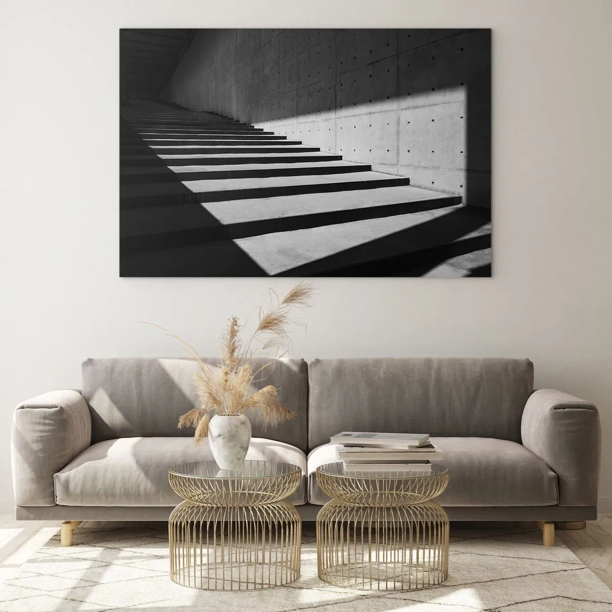 Glastavla - Bild på glas - Betongtrappor i skarpt ljus och skugga i modern stil - 70x50cm - Modernismens råa skönhet - Modern väggdekoration för vardagsrum och sovrum ARTTOR