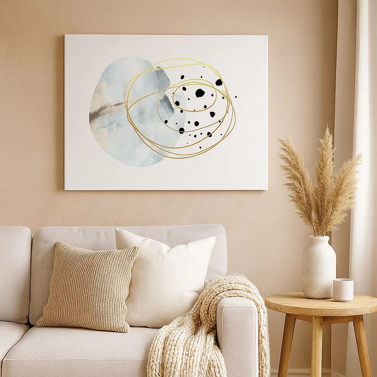 Canvastavla - Bild på duk - Minimalistisk abstraktion med geometriskt mönster och gyllene linjer - 70x50cm - I rummets famn - Modern väggdekoration för vardagsrum och sovrum ARTTOR