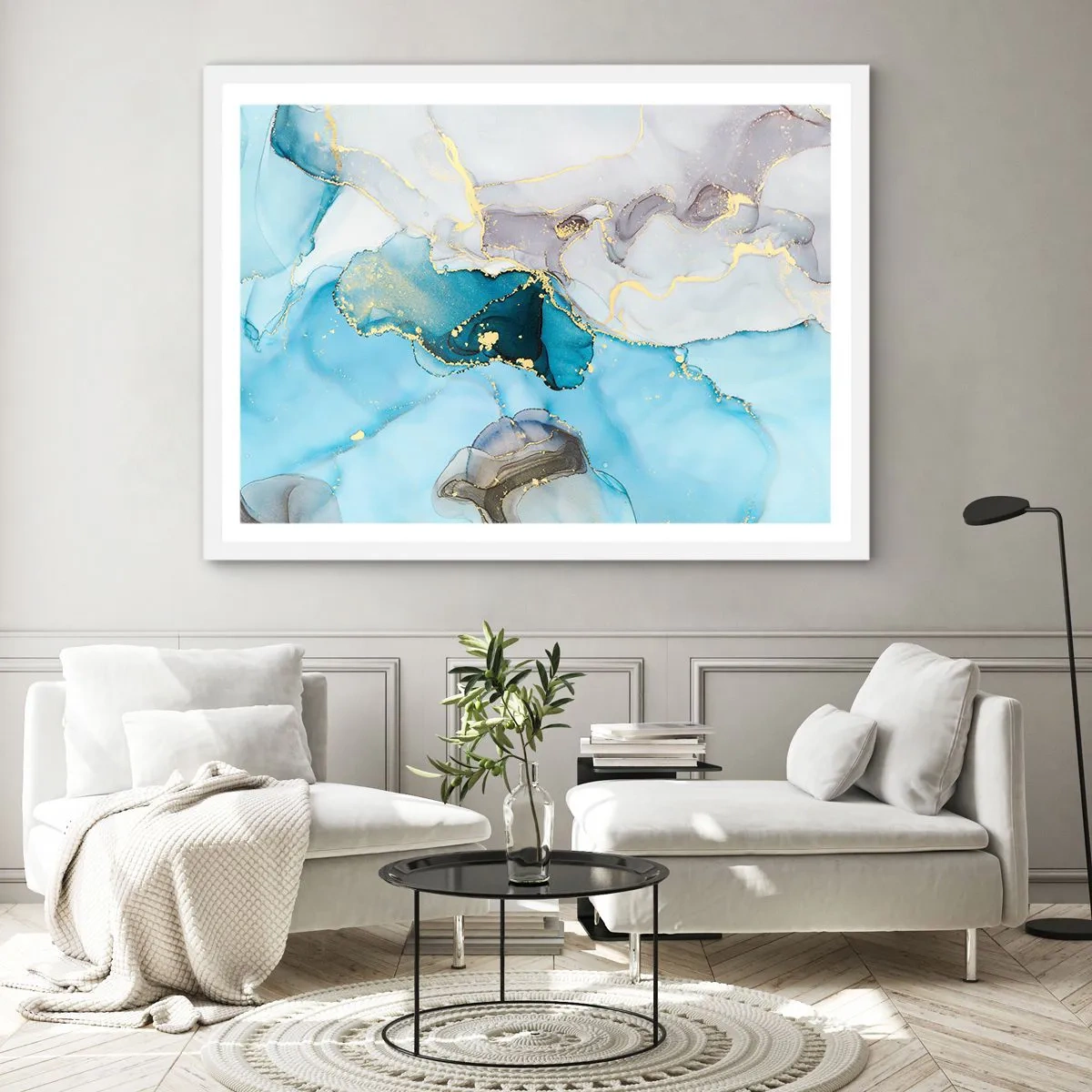 Affisch i vit ram - Studie över mötet mellan grå och turkos - 100x70 cm