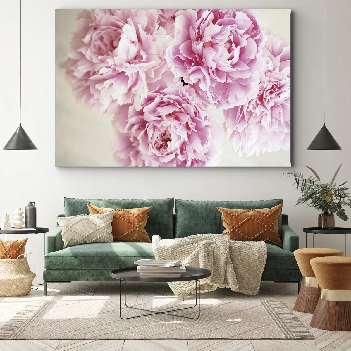 Canvastavla - Bild på duk - En bukett rosa pioner på en ljus bakgrund - 70x50cm - Rosa prakt - Modern väggdekoration för vardagsrum och sovrum ARTTOR