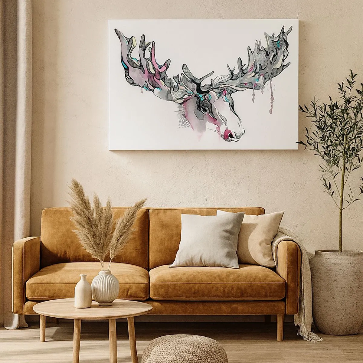 Canvastavla - Bild på duk - Konstnärlig akvarell av en älg med rika horn - 70x50cm - Skogskungens krona - Modern väggdekoration för vardagsrum och sovrum ARTTOR