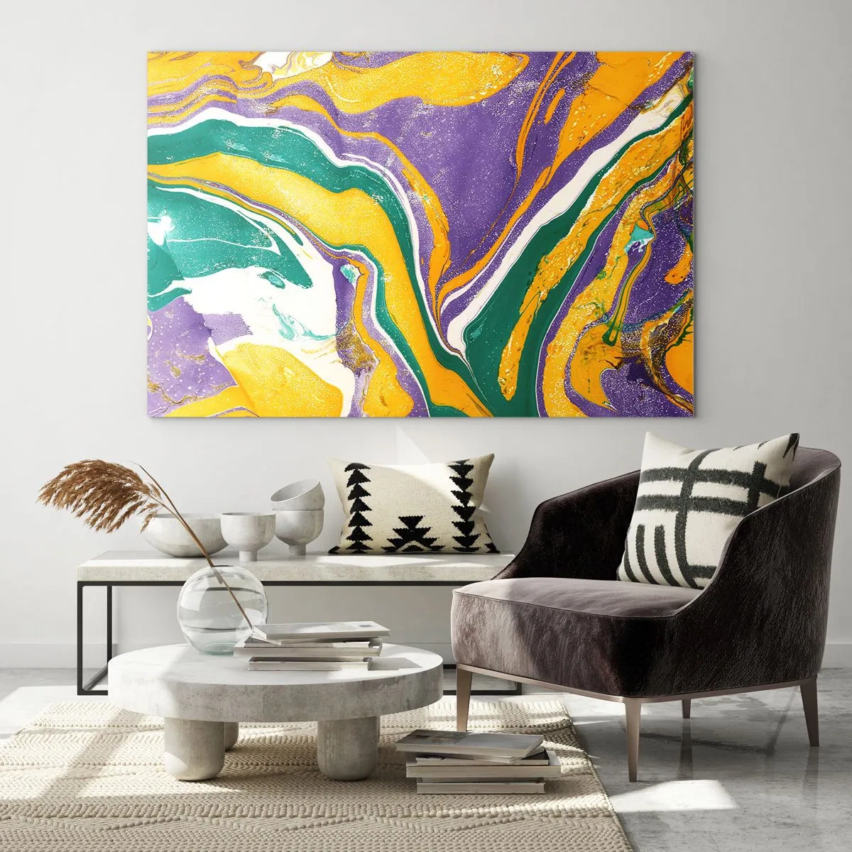 Glastavla - Bild på glas - Abstrakt vågmönster i gult, lila och grönt - 70x50cm - Färgvågor - Modern väggdekoration för vardagsrum och sovrum ARTTOR